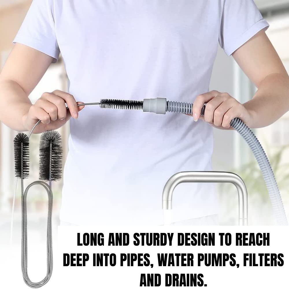 Cepillo limpiador de drenaje flexible (72 pulgadas de largo) para zuecos, drenajes, botellas, tuberías, bañera, ducha, fregadero de cocina y baño, nailon de doble extremo resistente con manguera