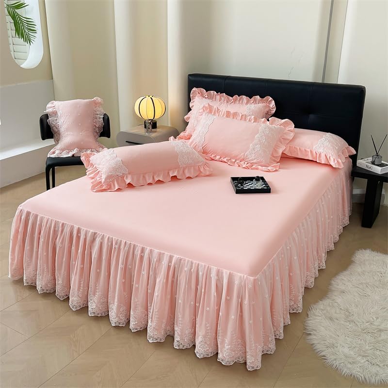King Size 2 Tiers White Lace Ruffle Bedspread Sheet Only Washed Cotton Bed Sheet with Skirt, Champagne