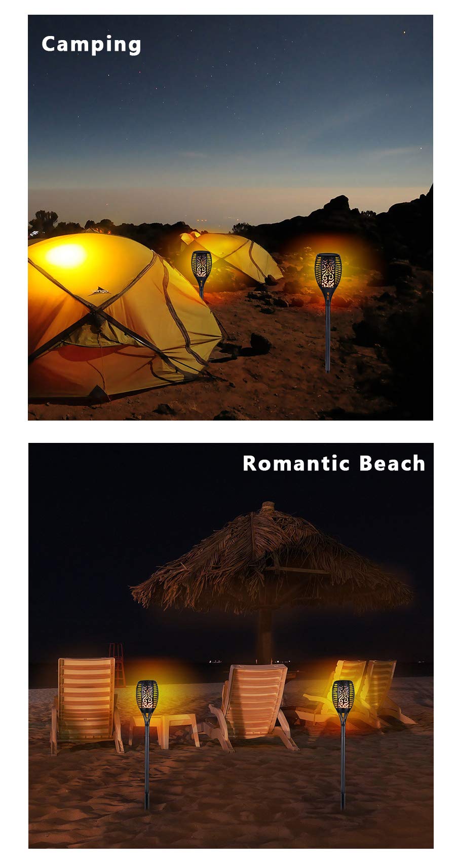 Lot de 4 lampes torches solaires étanches à 96 LED - Flammes vacillantes - Éclairage de décoration de paysage, de terrasse, pelouse - Éclairage du crépuscule à l'aube - Marche/arrêt automatique pour
