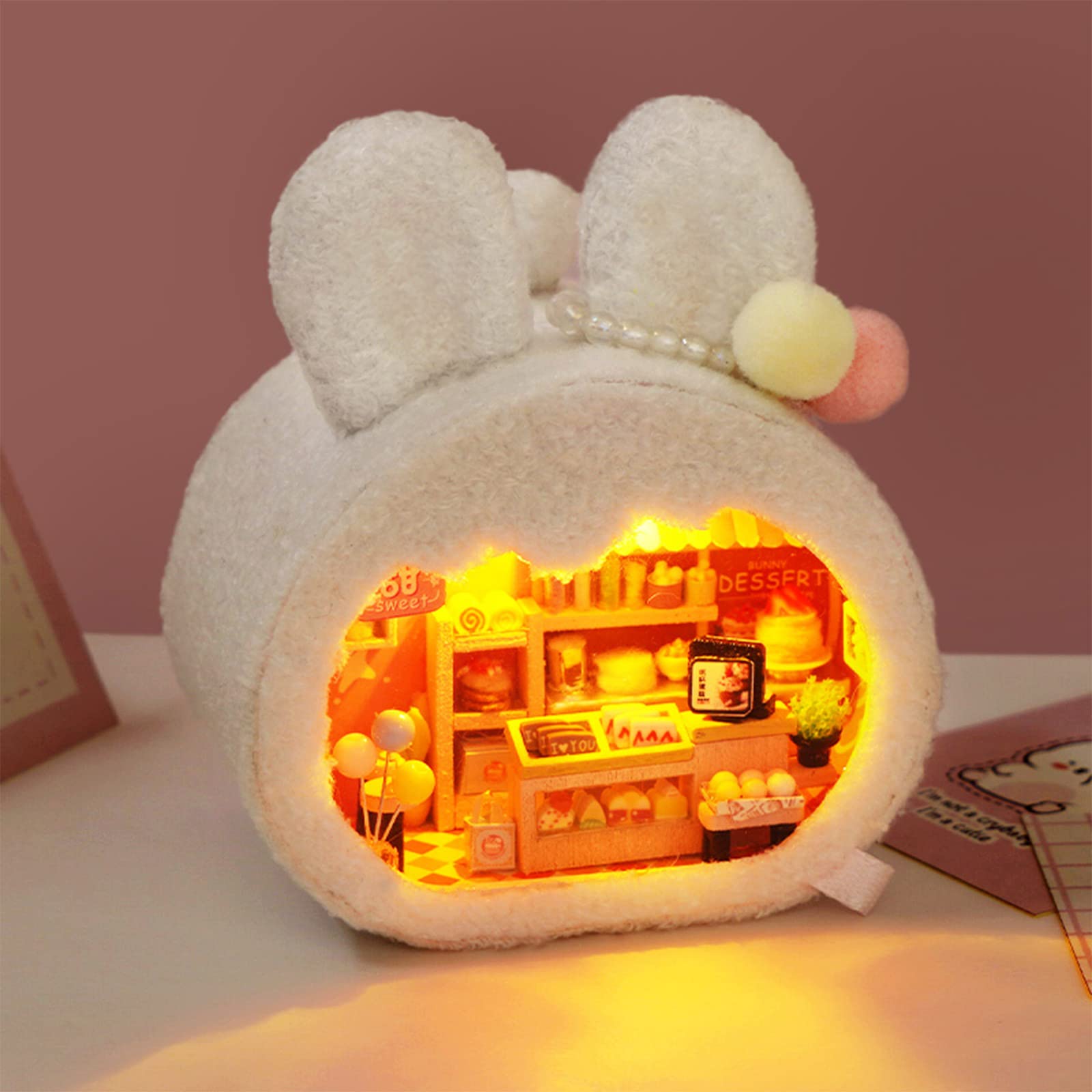 Kit de casa de muñecas en miniatura, kit de casa en miniatura de conejo, kit de casa pequeña con muebles, gran regalo para cumpleaños, Acción de Gracias, Navidad, Año Nuevo, regalos creativos de