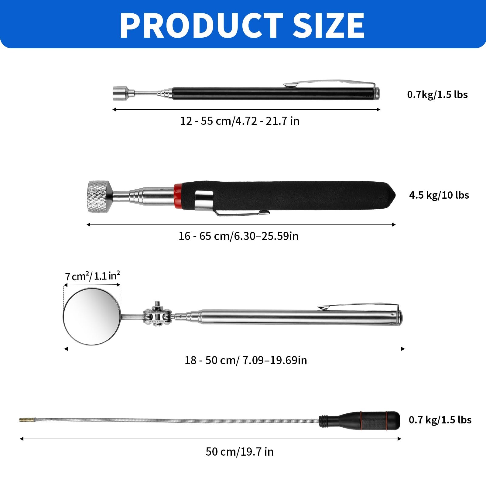 Zestaw 4 teleskopowych prętów magnetycznych 50-65 cm, bardzo mocny magnes o pojemności 0,7-4,5 kg do odzyskiwania małych części, śrub i nakrętek