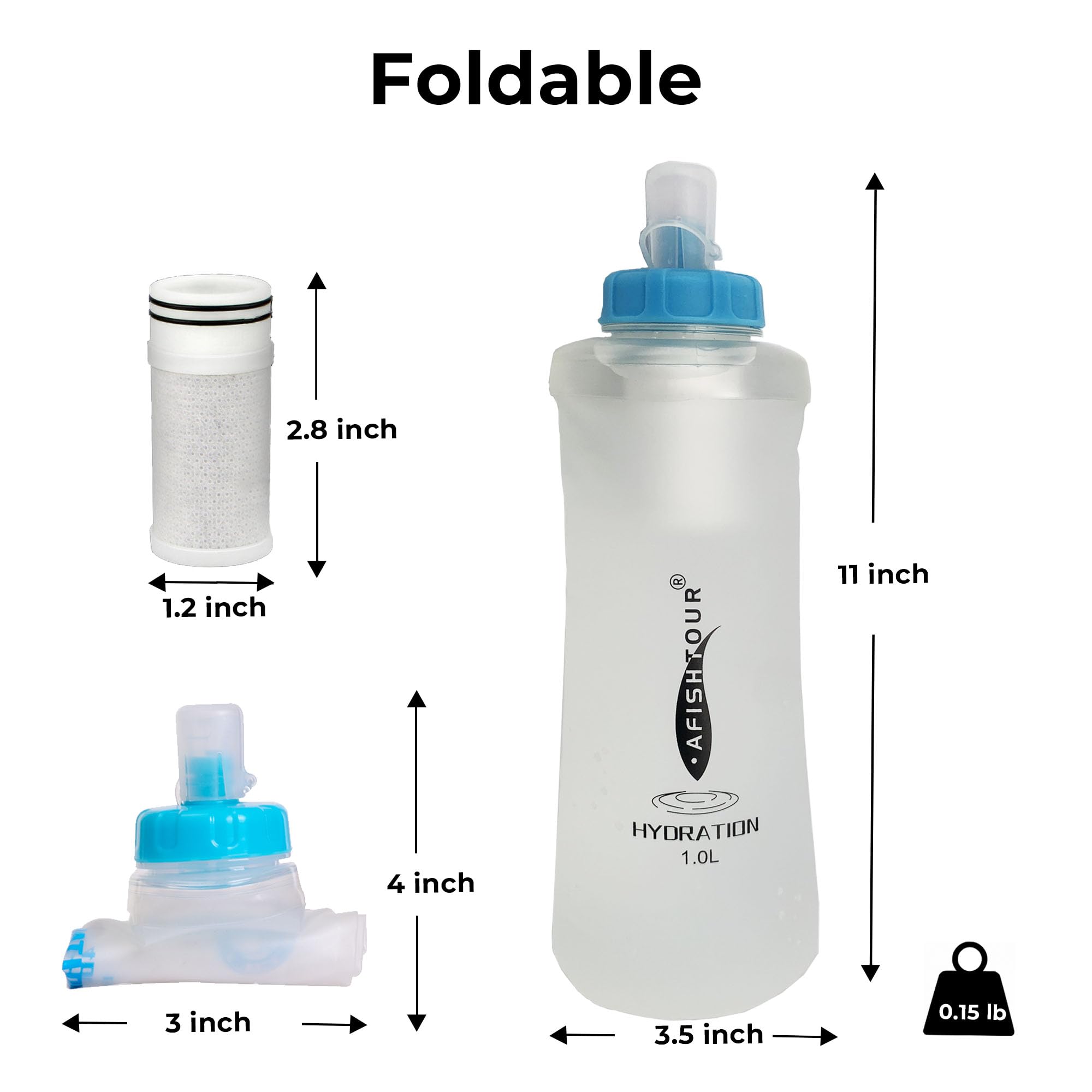 Gourde souple pliable avec filtre - Bouteille d'eau légère - 1 litre - Pour la course à pied, la randonnée, les voyages, le cyclisme et la pêche - Sans BPA (blanc transparent)