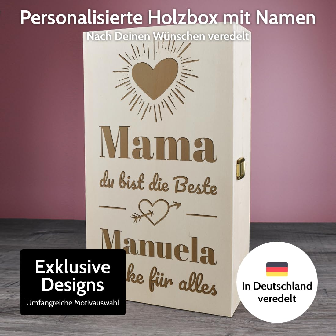 polar-effekt Wein Geschenkset 2x Weingläser 560 ml & Holzkiste mit Gravur für Mama - Geschenk zum Muttertag & Geburtstag - Gläser für Rotwein & Weißwein