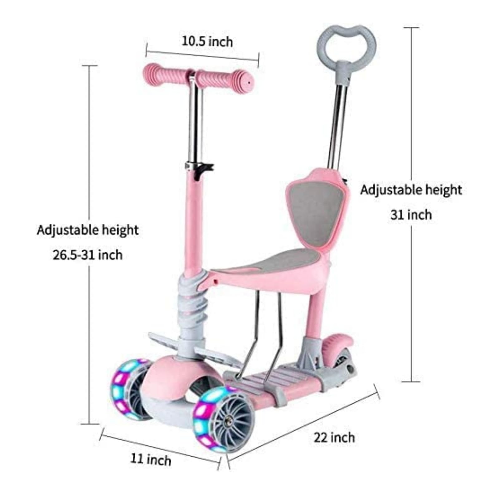 Patinete para Niños 5-en-1 con Asiento Extraíble, 3 PU Ruedas Parpadeantes, Manillar de Altura Ajustable, Respaldo cómodo, Fácil de Dirigir, Patinete Infantil para Niños y Niñas de 1 a 6 Años