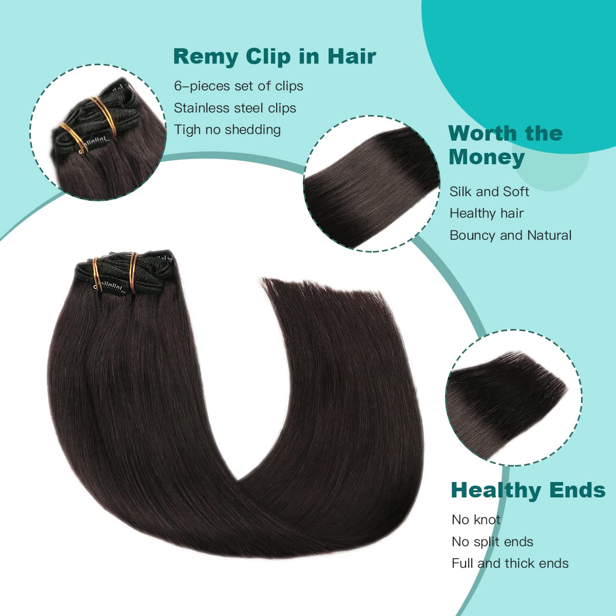 SURNEL Extensiones De Clip De Pelo Natural 120g 45cm 6 Piezas Negro Natural Extensiones De Clip De Humano Real Extensiones Pelo Remy(C#1B-45cm) — view 5