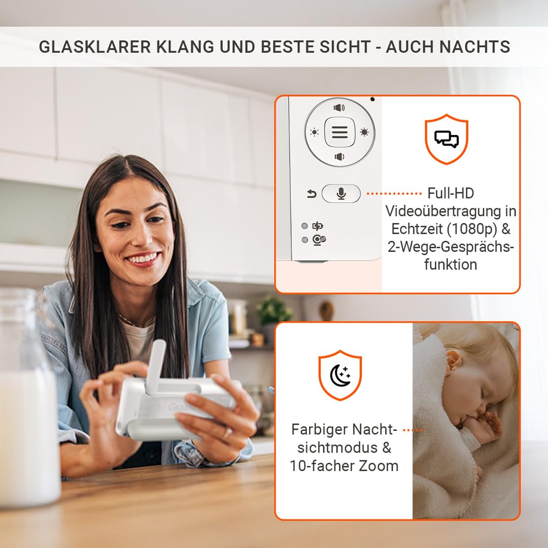 Gigaset Baby 700 Connected–Video-Babyphone mit 5,5"-Full HD-Touchscreen–Sichere FHSS & WLAN Übertragung–Lange Akkulaufzeit-große Reichweite-mit Gigaset App, Cream White/Warm Grey [Deutsche Version]