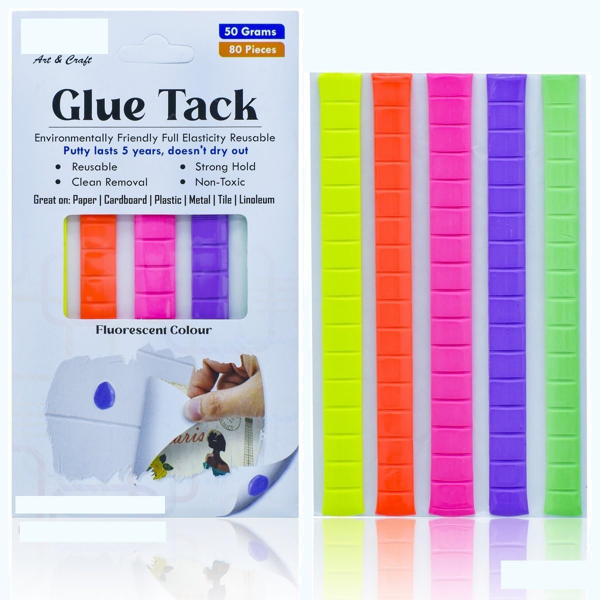 Cravido Fluorescent Glue Tack 50g | Reusable Adhesive Putty for Posters, Photos, Decorations, Office, School & Home Use | Non-Staining, Strong Hold