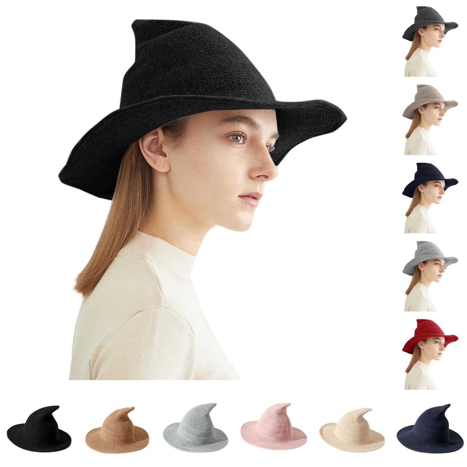 Halloween Witch Hats for Women Knitted Wool Wizard Hat Wide-Brimmed Foldable Pointed Cap Witches Cosplay Party Decoration Halloween Costume Accessory for Ladies Girls One Size Black