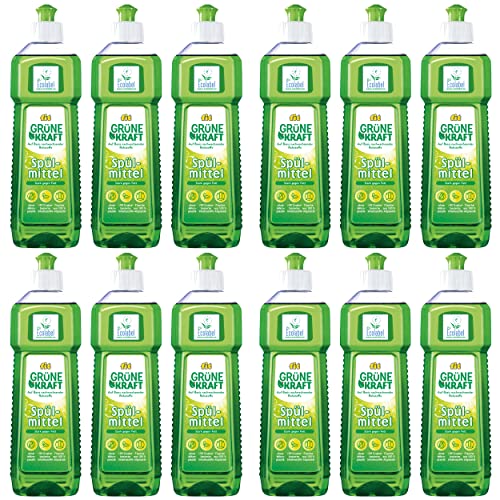 fit Detergente líquido para lavavajillas (12 x 500 ml) Green Kraft biodegradable, botella de plástico reciclado, sostenible y vegano con tensioactivos de azúcar