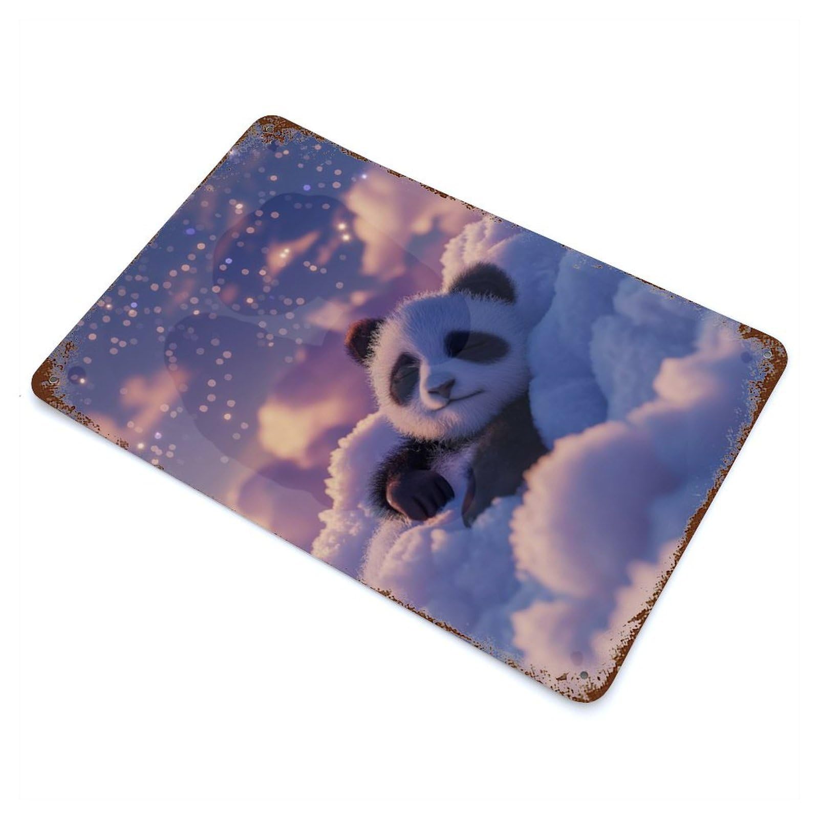 Aged Metal Wall Plaque with Sleeping Panda Bear Design 11.8"x7.9", for Farmhouse, Kitchen And Entryway Decor, Old School Wall Decor