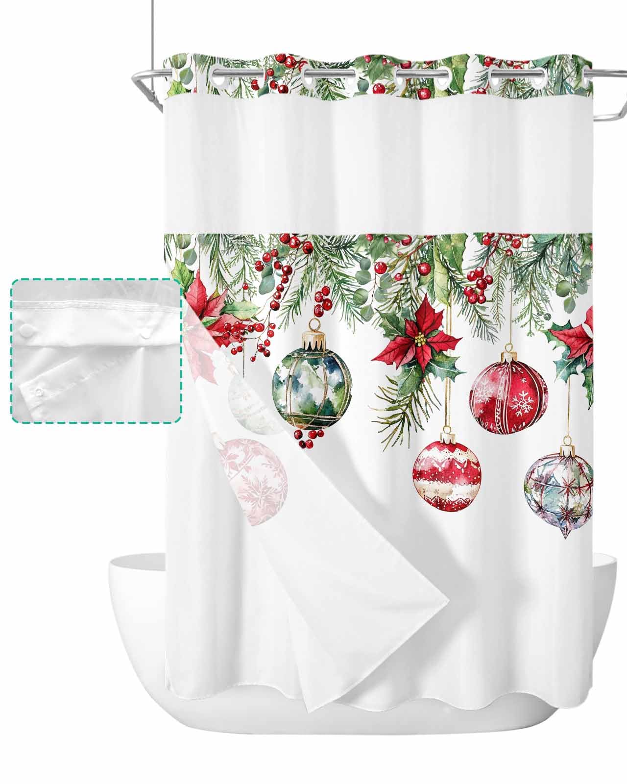 Anzona No Hook Shower Curtains, Christmas Ball Long Bathtub Curtains with Snap in Liner, Xmas Poinsettia Berries Pine Needles Waterproof Washable