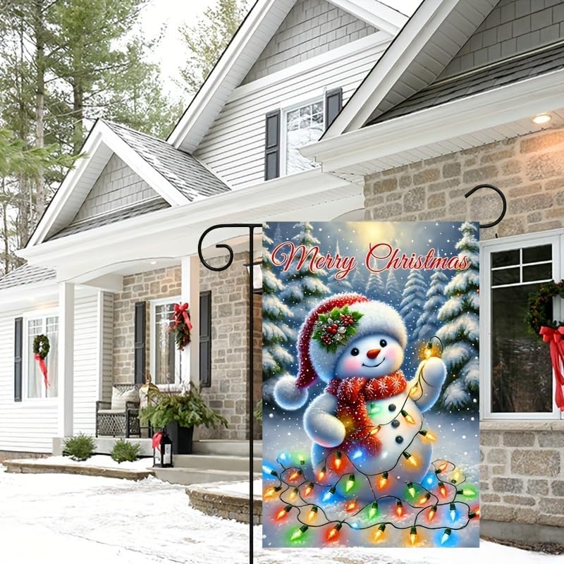 Merry Christmas Garden Flag With Festive Snowman Colorful Holiday Lights And Snowy Trees Christmas Garden Flags For Outside Outdoor Yard Decoration 12x18 Inch - Image 2