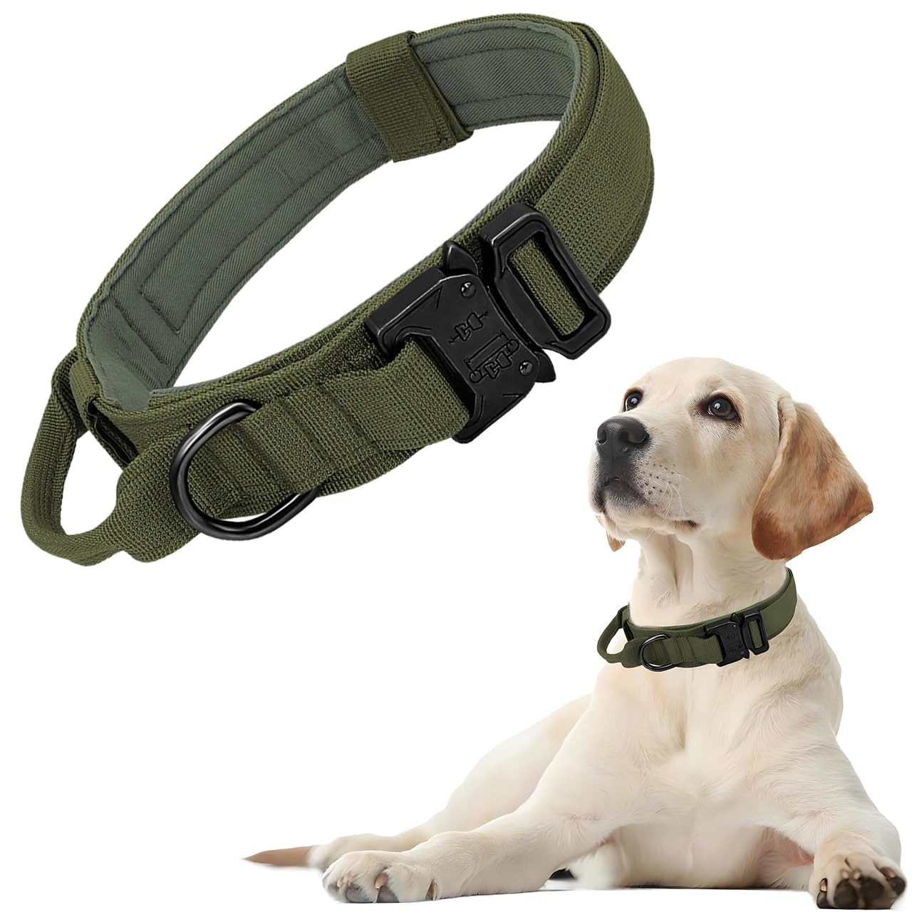 Tactical Dog Collar, Adjustable Military Training Nylon Dog Collar with Control Handle and Heavy Metal Buckle for Medium Large Dogs, (M,Green) — image 1