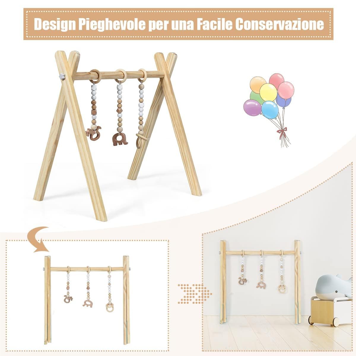 Palestrina Neonato Legno Montessori RELAX4LIFE con 3 Catene Diverse Rimovibili Baby Gym Multifunzione