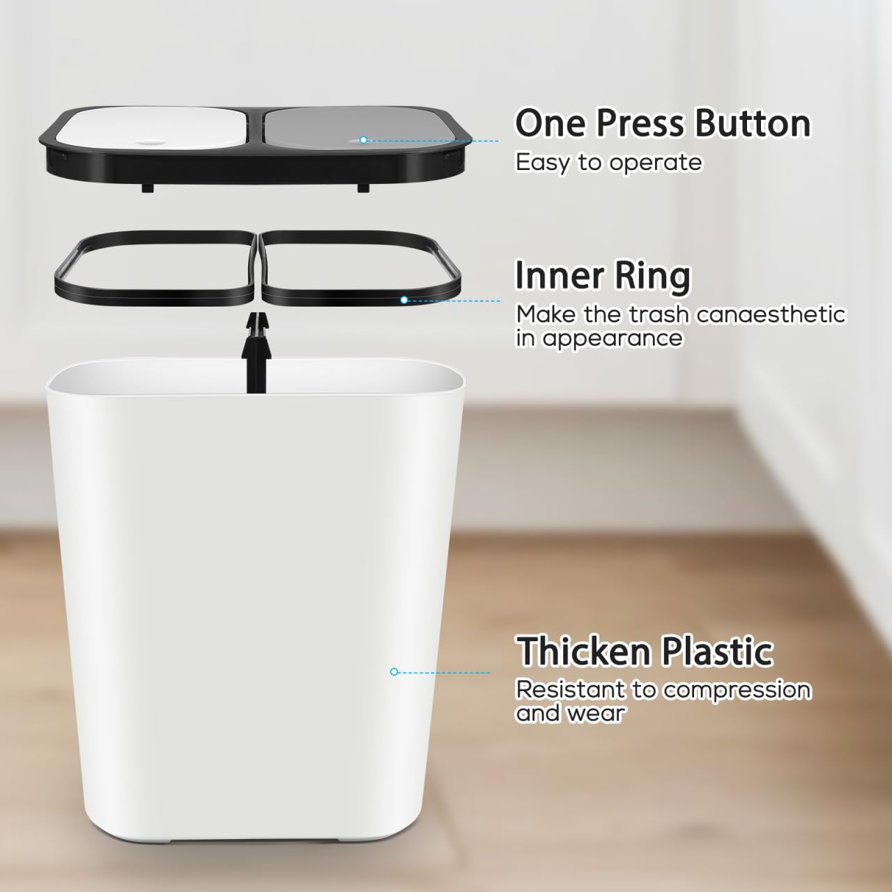 Dual Trash Can, 2 Compartment Kitchen Garbage Can Plastic Dry and Wet Classified Recycling Bin Wastebasket Liter Bin Dustbin Rubbish Box Garbage Container for Home 15L