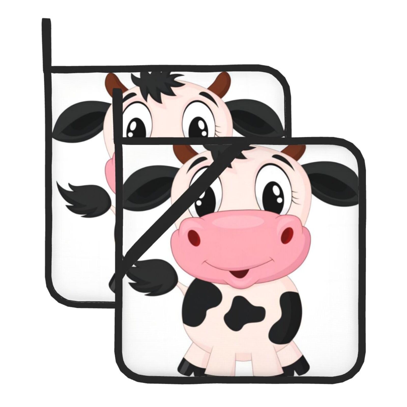 YYHWHJDE Cartoon Milk Cow Prints Square Hot Pads for Kitchen Counter - Waterproof Pot Holders with Hanging Loop, Durable Trivets for Microwave Oven - 2 Pack