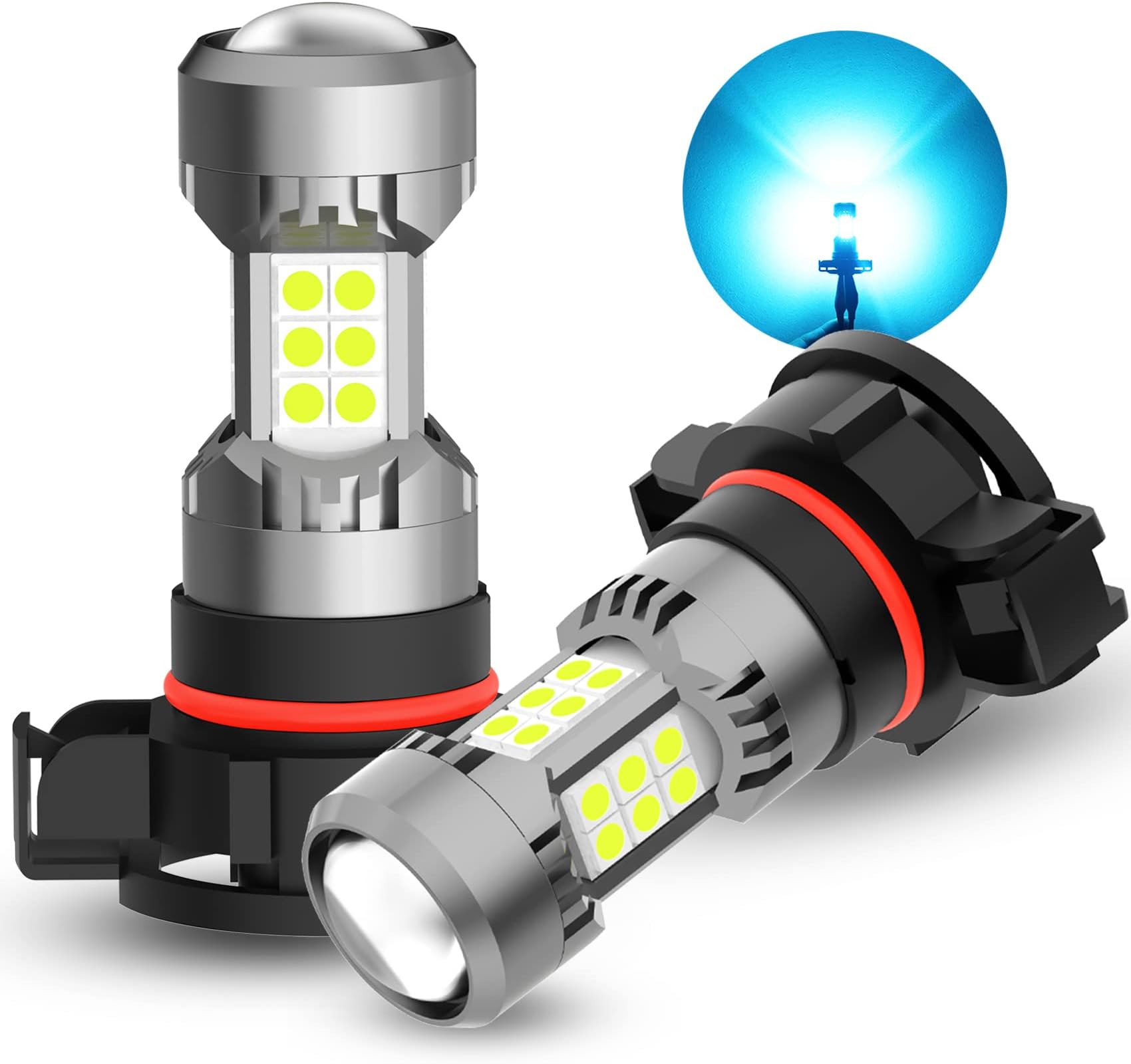 PHINLION 2504 PSX24W Ice Blue LED Fog Light Bulbs, 3200 Lumens Super Bright 12V 3030 30-SMD 12276 Fog Lights or DRL Replacement for Cars, Pack of 2
