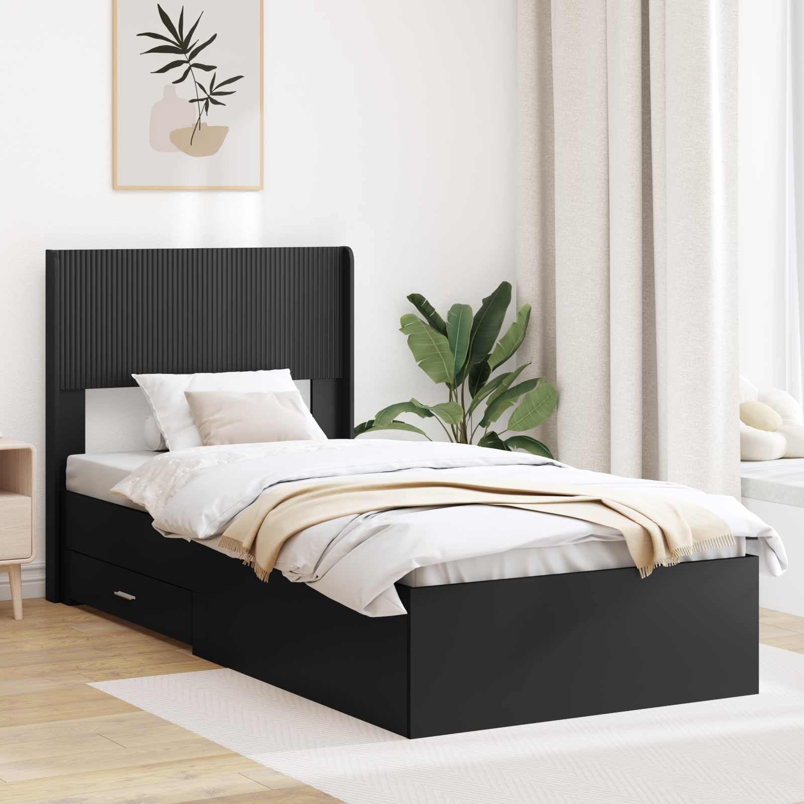 Rama de cama con almacenamiento y cabecero Negro 75x190 cm estructura de cama moderna con compartimentos de almacenamiento cabecero incluido somier de listones de contrachapada resistente duradero