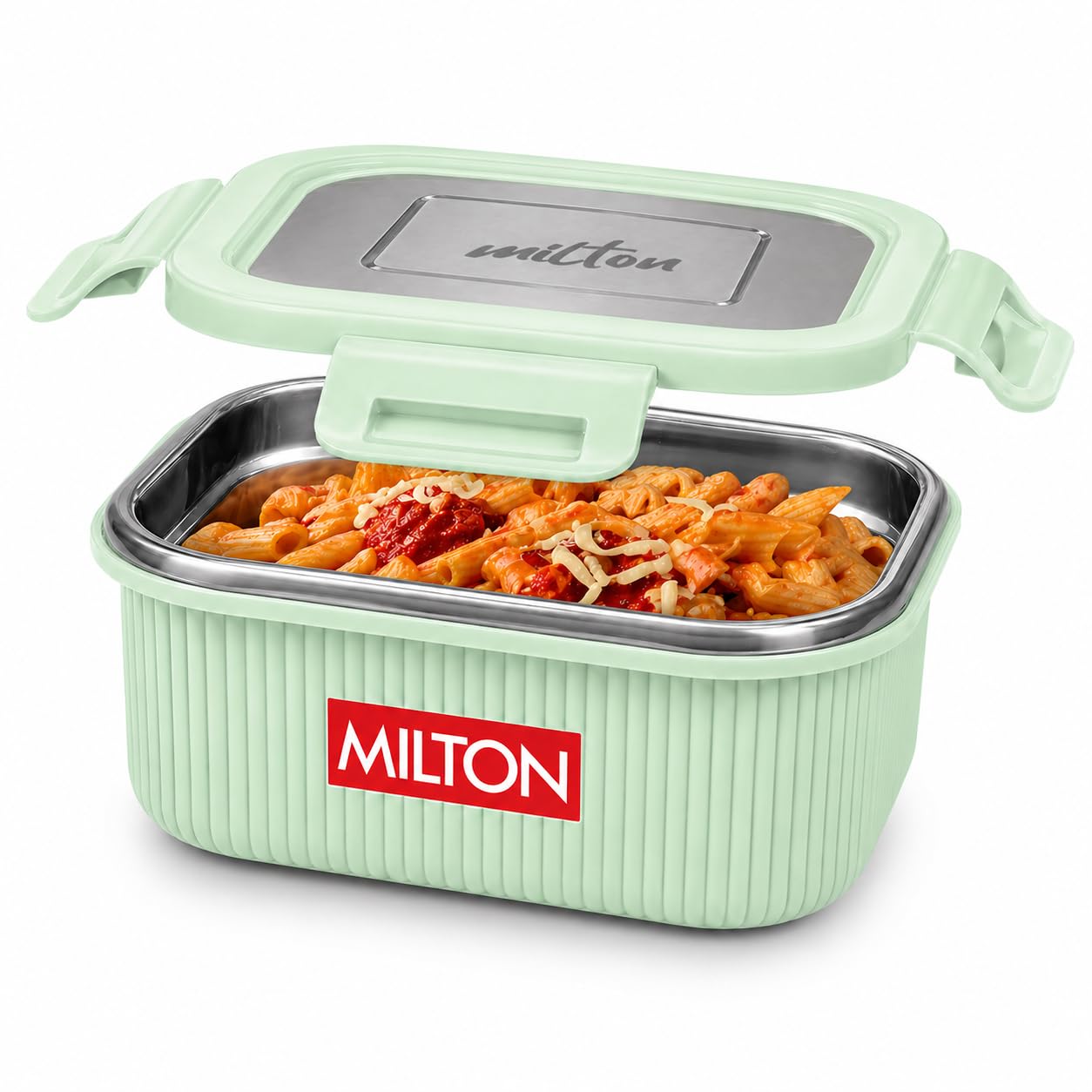 MILTON Cool Touch Square 400 Stainless Steel Container, 380 ml, Aqua Green | Microwave Safe | Food Grade | BPA Free | Refrigerator Safe