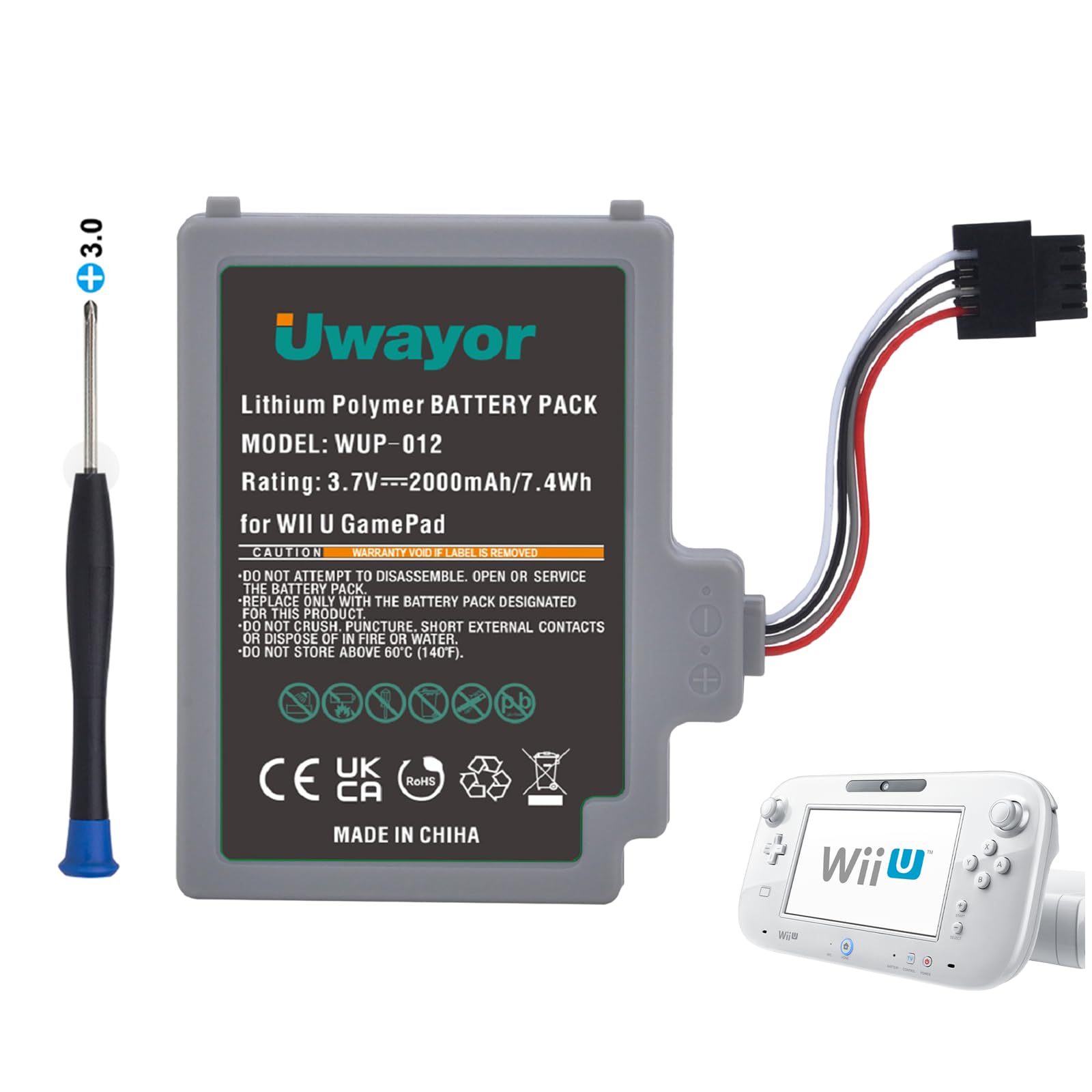 Uwayor Batería de repuesto para Wii U Gamepad Controller 3,7 V 2000 mAh WUP-012