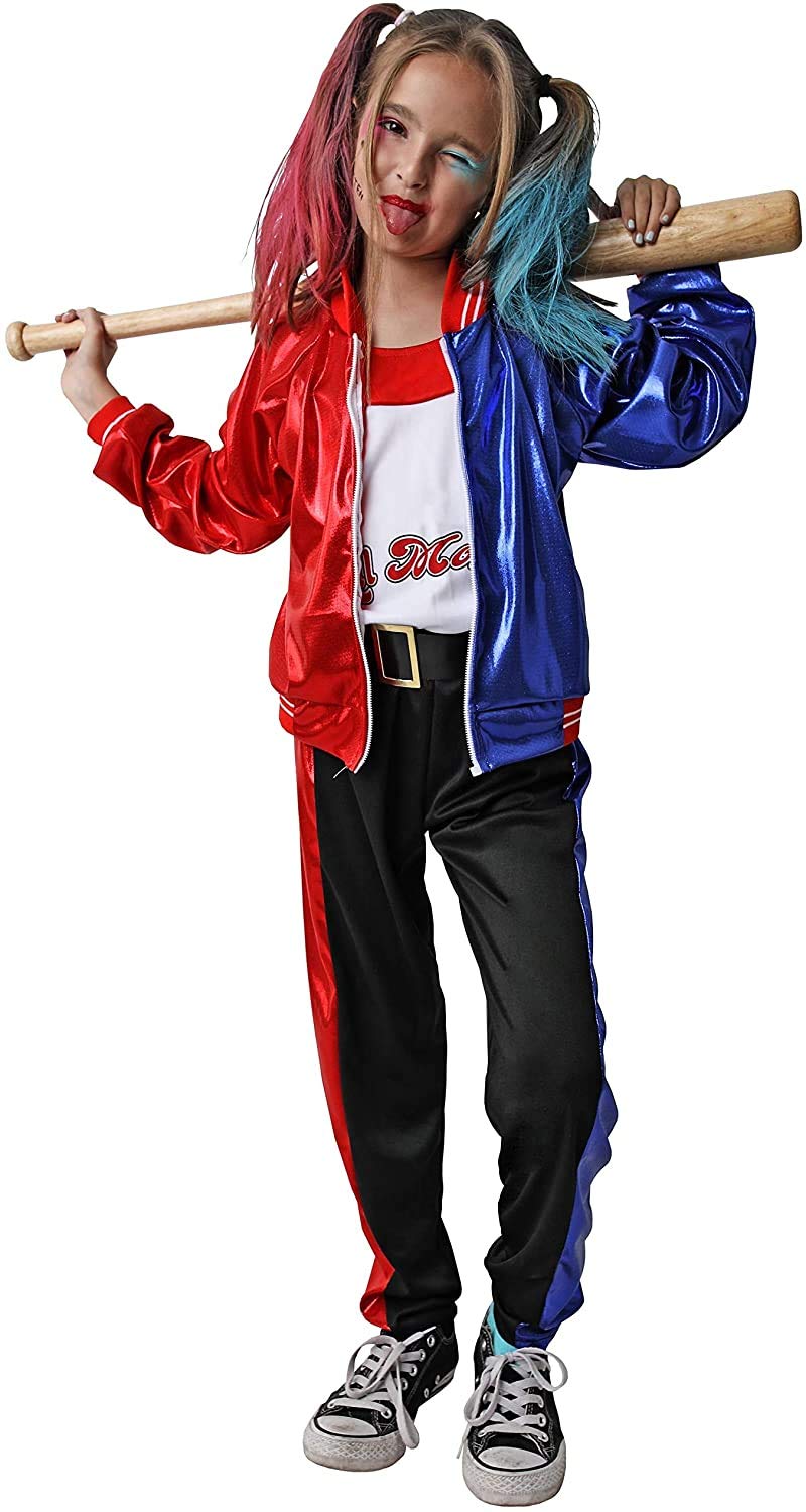 Gojoy shop- Disfraz de Princesa arlequina para niñas Carnaval Halloween (Contiene:chaqueta con camiseta, cinturón, pantalon y peluca,y Mochila de Cuerdas.)