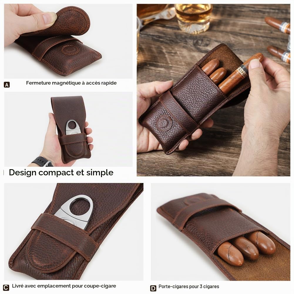 Hiram - Étui à cigares en cuir véritable avec humidificateur portable multifonctionnel pour voyage - Boîte à cigares et étui à pipe à tabac pour hommes, For 3 Cigars, Vintage