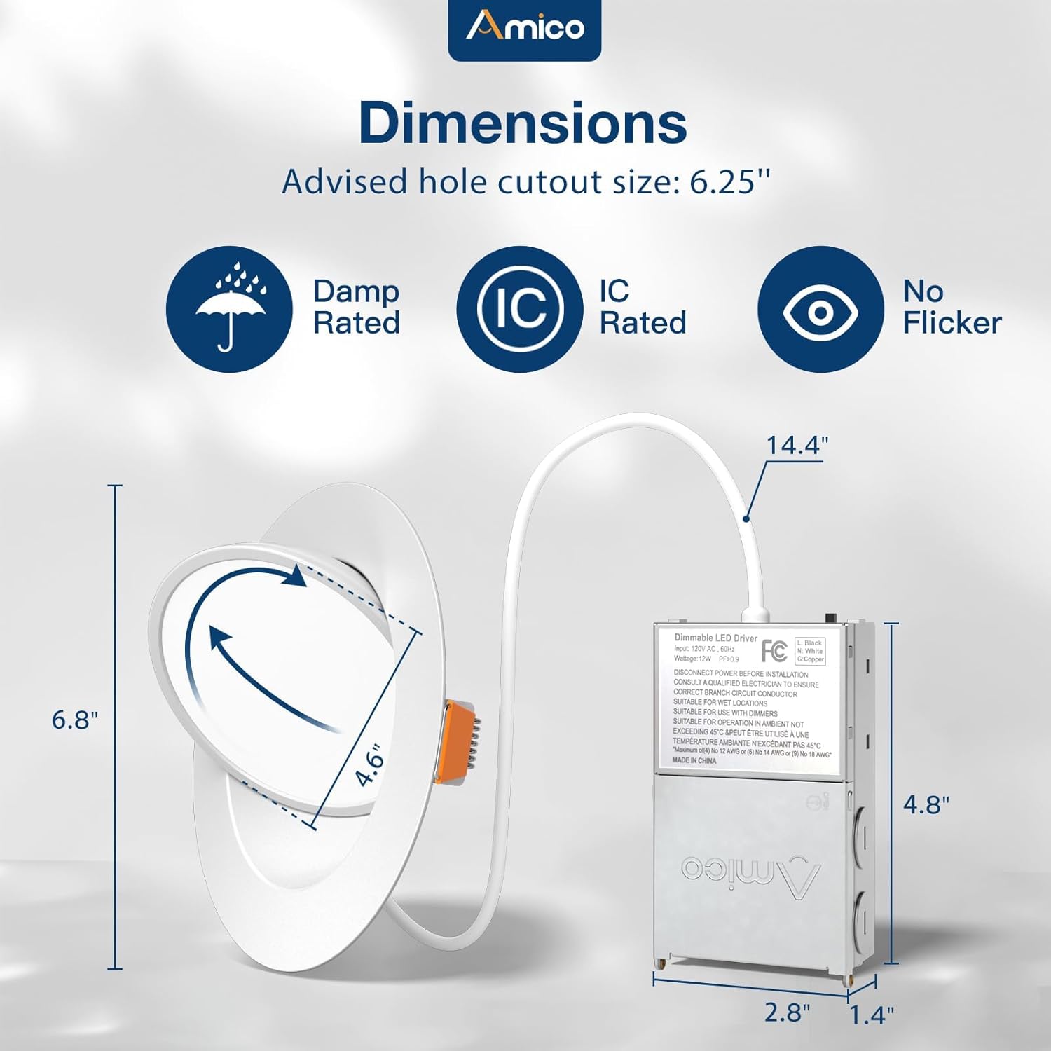 Amico 6 Pack 6 Inch 5CCT Gimbal LED Recessed Lighting, 360°&90° Adjustable Eyeball Directional Downlight, Dimmable, 2700K/3000K/3500K/4000K/5000K Selectable, CRI90+ 12W 1200LM, ETL&FCC - Image 6