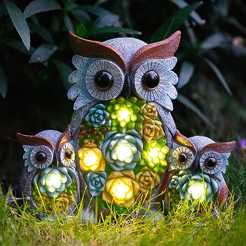 Candieslife Solar Garden Statue Lights Owl Figurine with LED Lights, Outdoor Garden Succulent Ornaments Gift Waterproof Decoration for Outside Patio Yard Lawn Decor