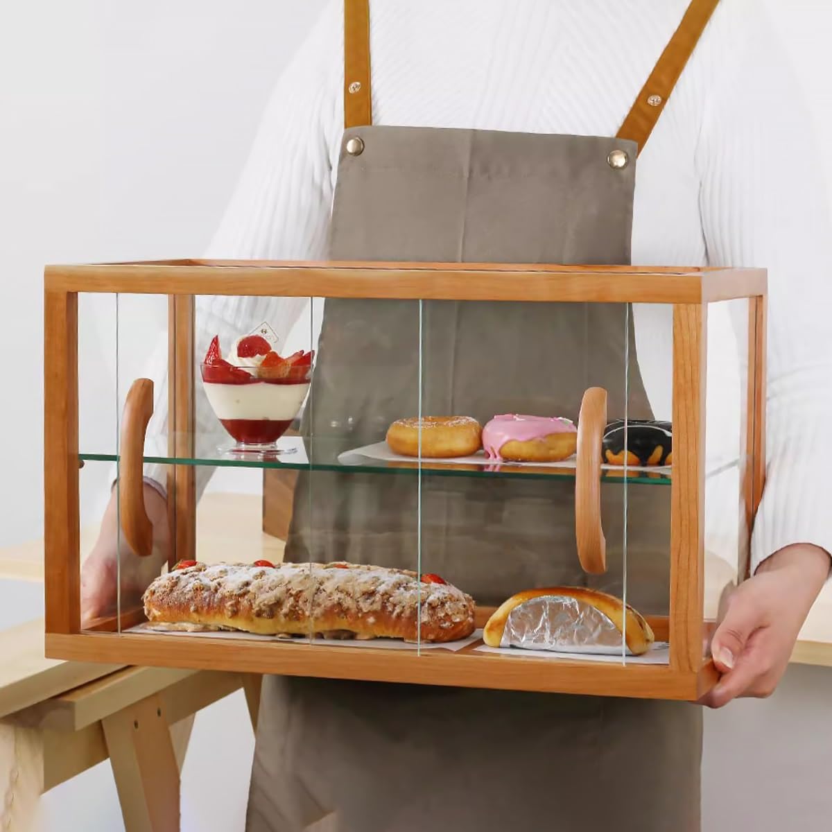 Vitrina de madera para repostería de 2 niveles, para mostrador comercial, vitrina de pasteles, coleccionables, armario de exhibición (natural)