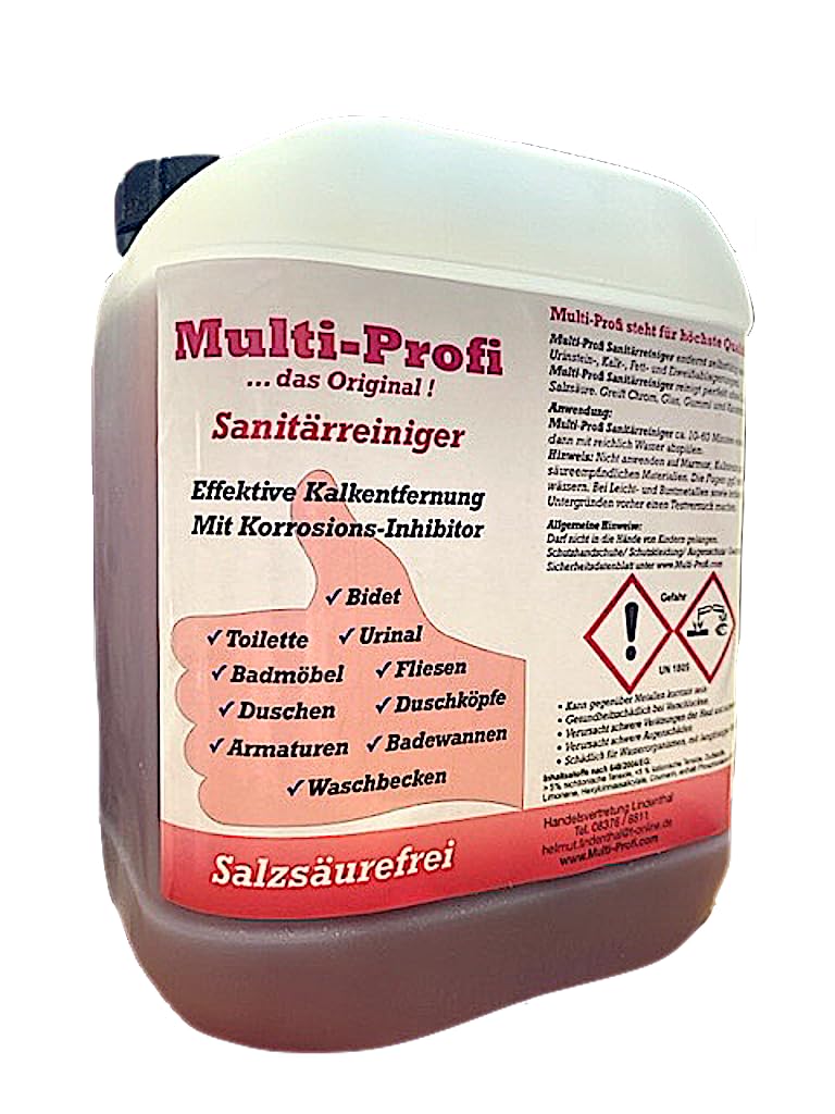 Multi-Profi Sanitärreiniger entfernt selbsttätig auch starke Urinstein-, Kalk-, Fett- und Eiweißablagerungen. Reinigt perfekt ohne Salzsäure und greift Glas, Gummi und Kunststoff nicht an ! 5 Liter