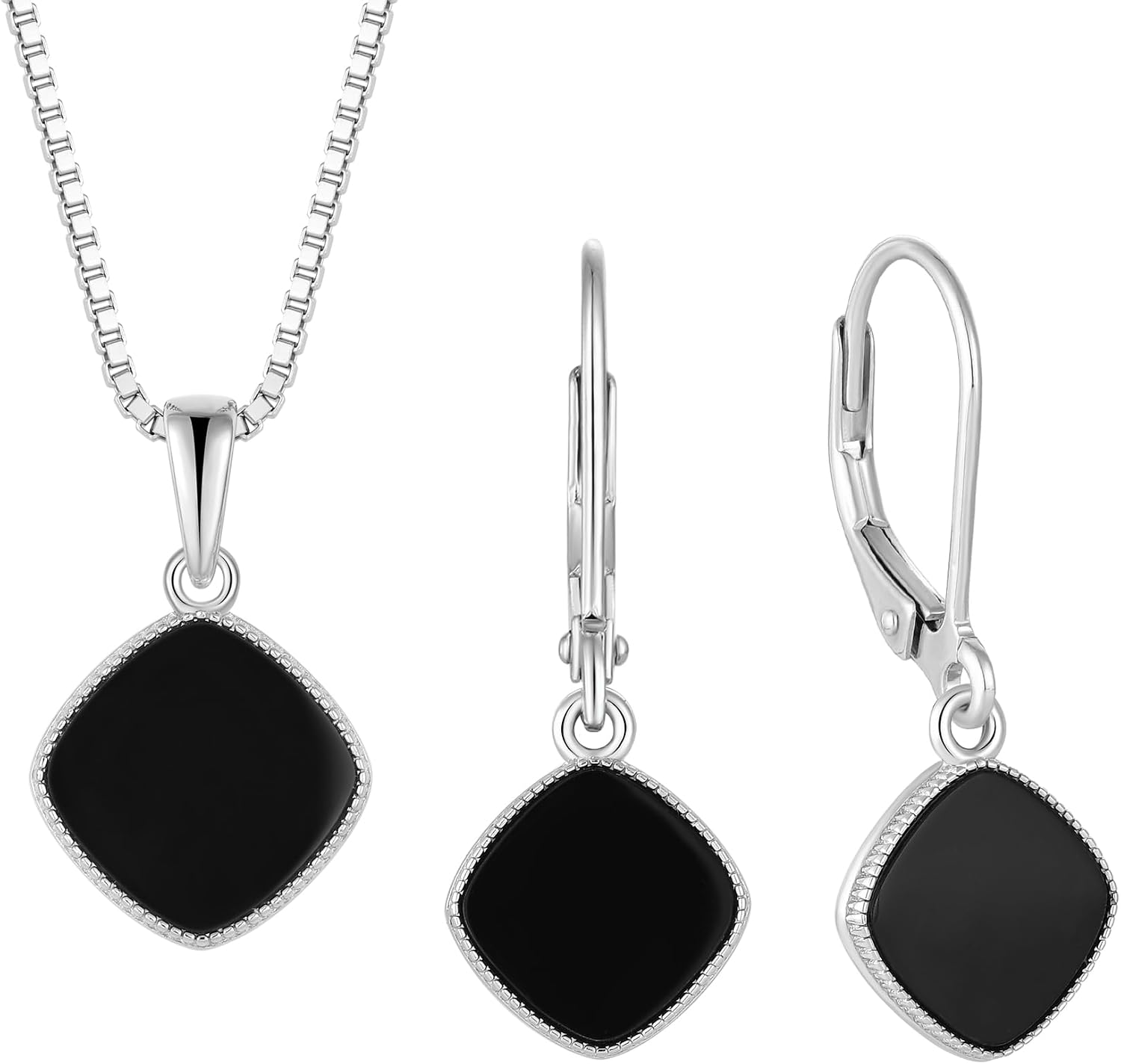 Cushion Cut Black Onyx Jewelry Set - 925 Sterling Silver Necklace & Leverback Earrings