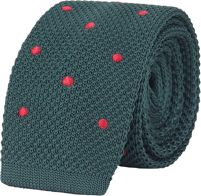 Men’s Knit Tie – Textured Slim Necktie with Polka Dots – Premium Woven Casual Tie for Business, Wedding & Formal Wear (Green with Red Dots)-image-1