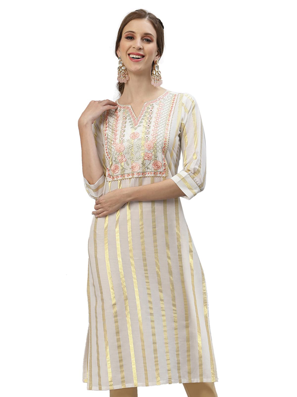 SanisaWomen's Cotton Embroidery Straight Kurta, Off-white, 40