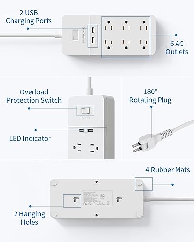 Miniatura 7 de Regleta de alimentación de 2 clavijas con cable de extensión de 10 pies, protector de sobretensiones de enchufe plano NTONPOWER con 6 tomas, 2