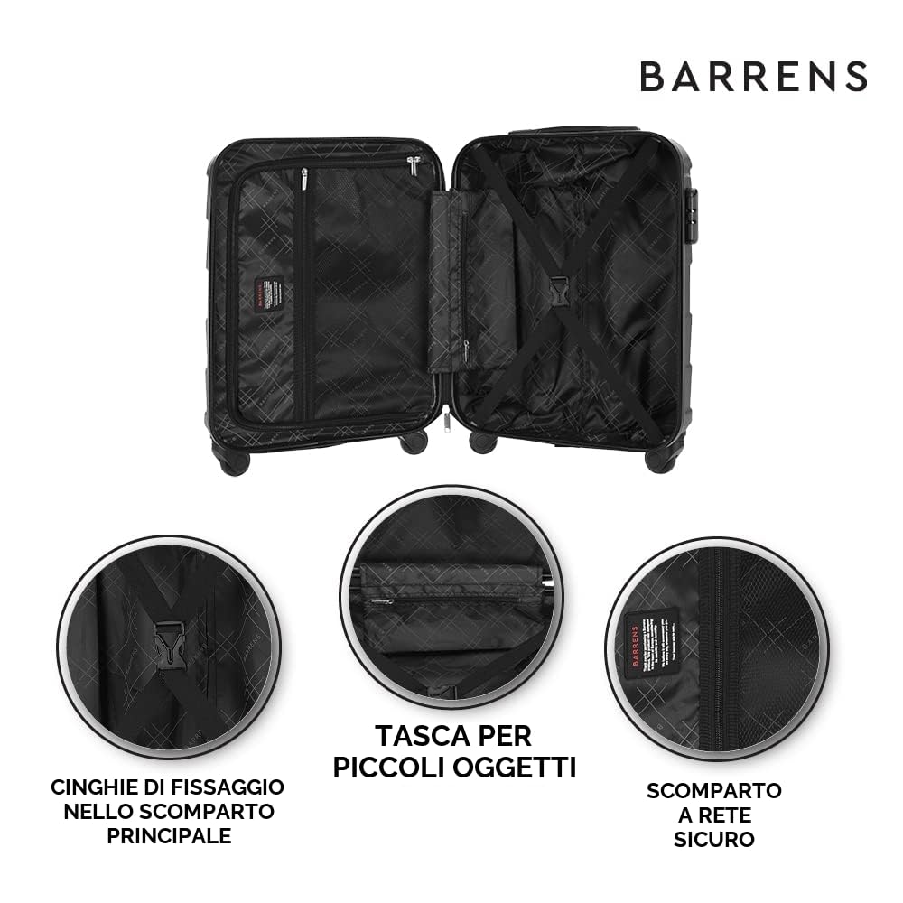 BARRENS Valigia Bagaglio a Mano 55x40x20 cm- Trolley Cabina Rigido in ABS - 4 Ruote 360° - Piccola Valige Cabin Size 34 L (Nero)