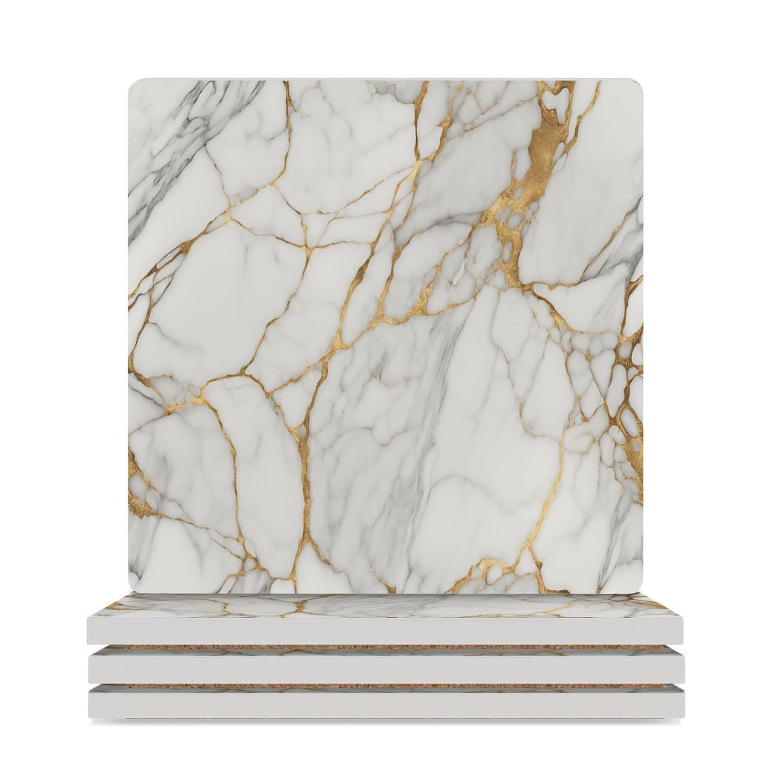 Marble Drink Coasters, Square Ceramic Drink Coaster Square-4PCS, Modern Abstract Foil Texture White Gold Marble Decor Absorbent Ceramic Coasters for