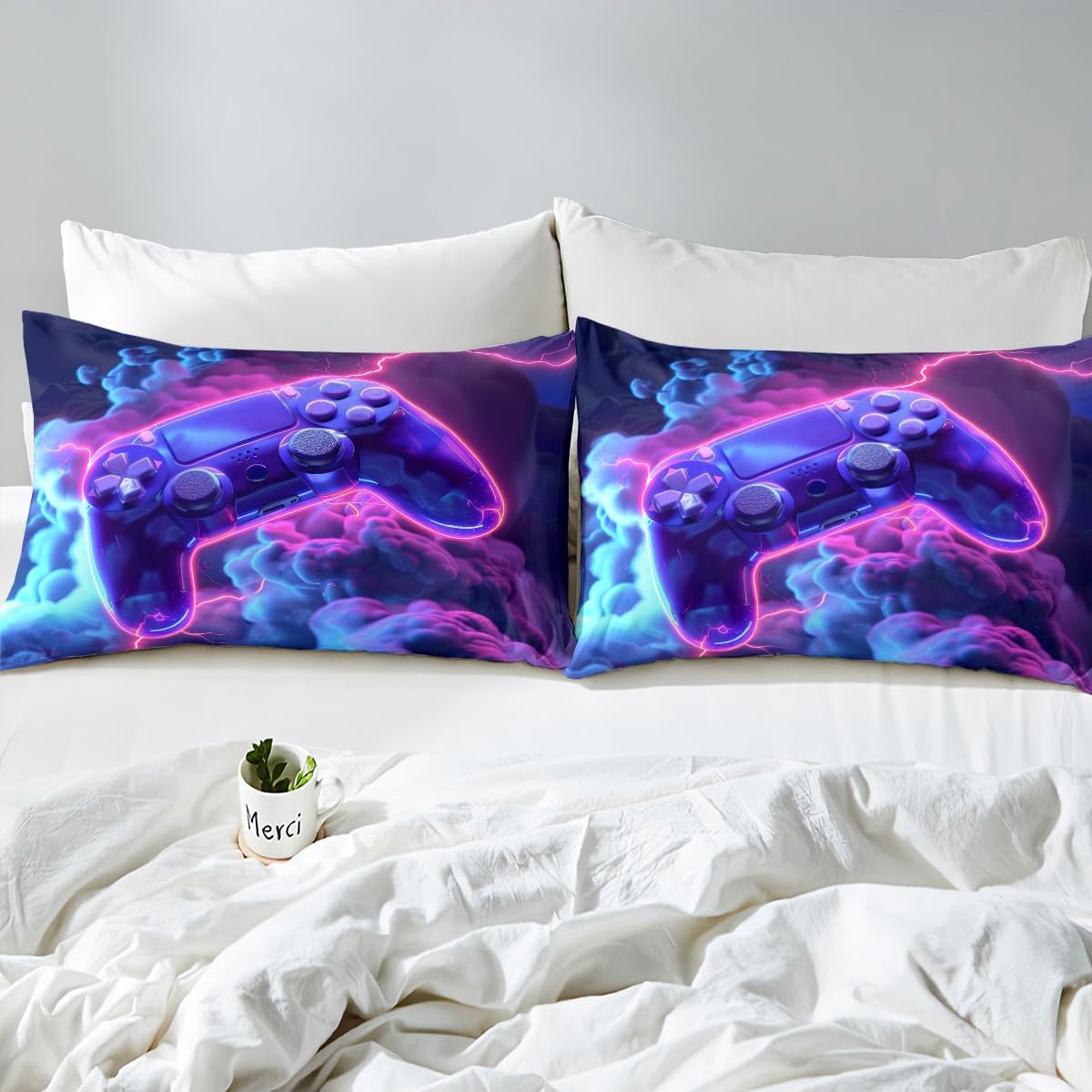 Loussiesd Gamer Duvet Cover Gaming Bedding Set for Kids Boys Girls Room Decor Game Room Decor Gamepad Game Flash Cloud Comforter Cover Set Single Size Gradient Purple 2Pcs Zipper - Image 4