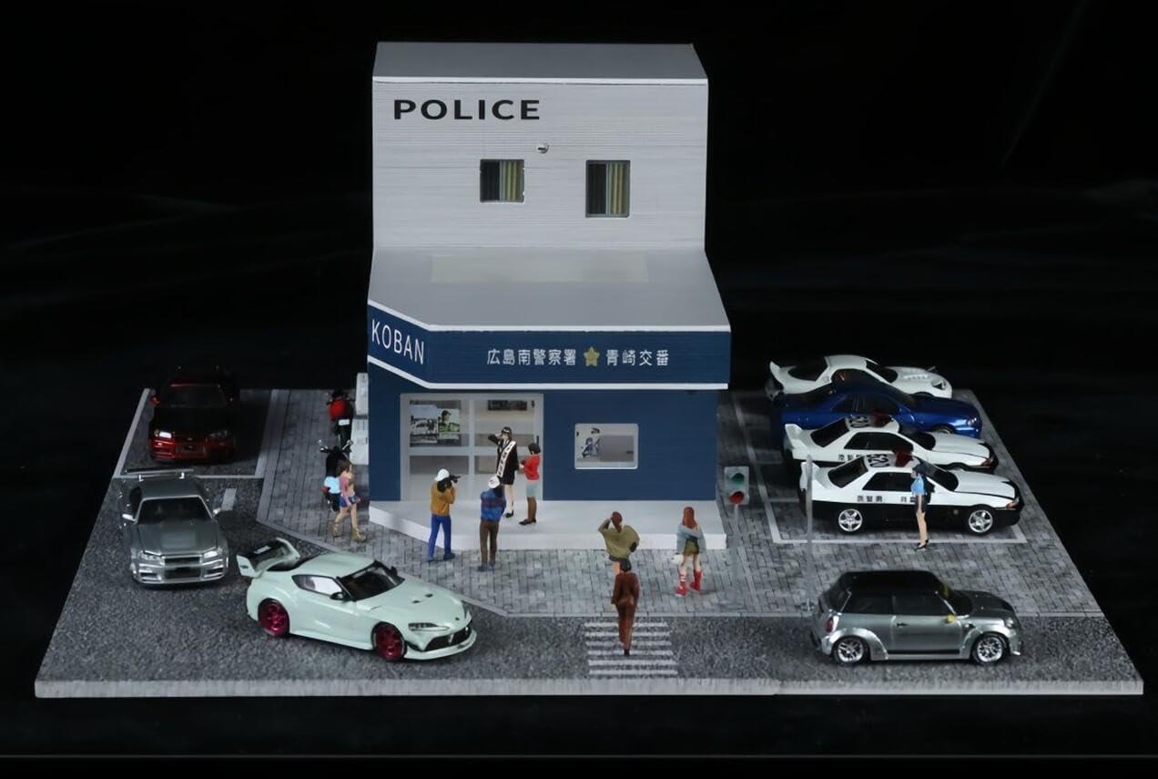 ジオラマ MOMOAOミニ駐車場 警察署シーン 駐車シーン付き 1/64 ジオラマ KOBAN