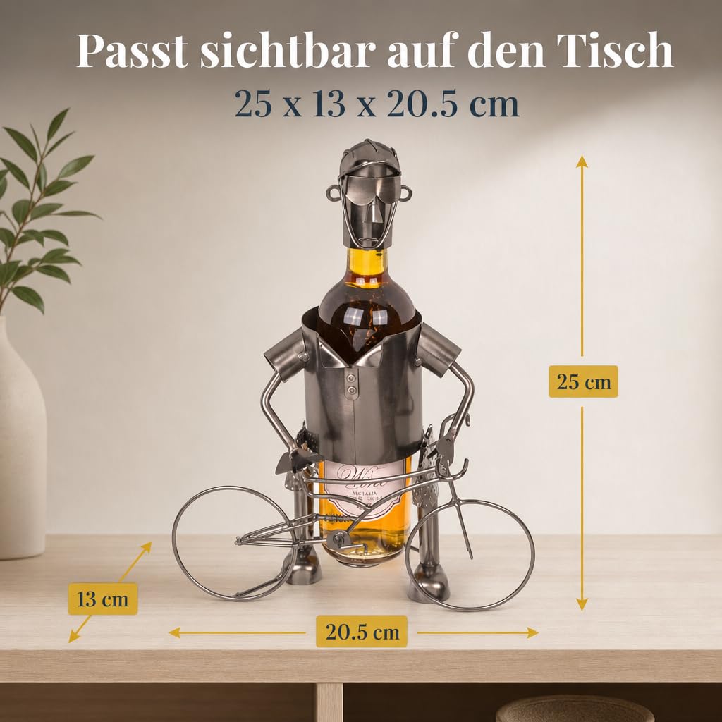 MIJOMA Weinflaschenhalter Fahrradfahrer aus Metall – Deko-Weinständer für 1 Flasche, Handarbeit, originell für Radfahrer, Flaschenhalter Eisen, 25x13x20,5 cm