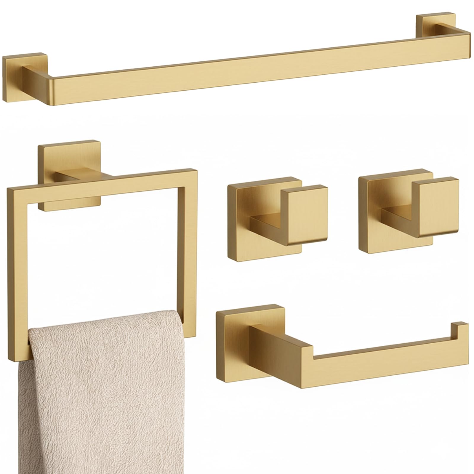 5-Piece Brushed Gold Bathroom Accessories Set – 23.6" Towel Bar, Towel Ring, Toilet Paper Holder & Hooks, Wall Mounted Bathroom Hardware, Rust & Corrosion-Resistant, Ideal for Modern Bathrooms