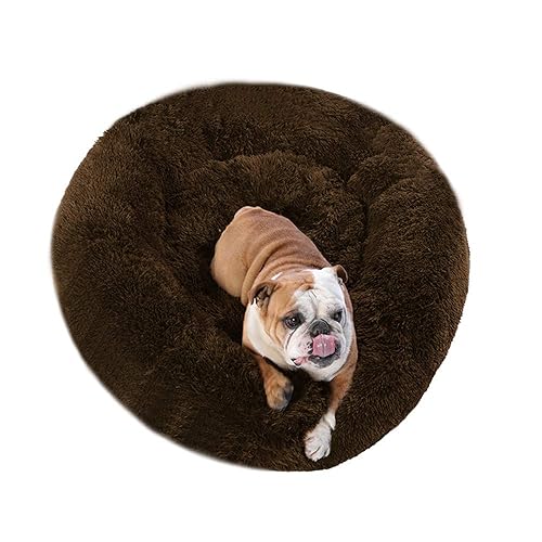 BODISEINT Faux Fur Dog Bed, Shag Round Anti-Anxiety Pet Calming Doughnut Cuddler for Medium Large Puppy Dog Cat Kennel Cushion Self Warming Bed (28'' D x 8'' H, Chocolate) - Large 28'' - Chocolate