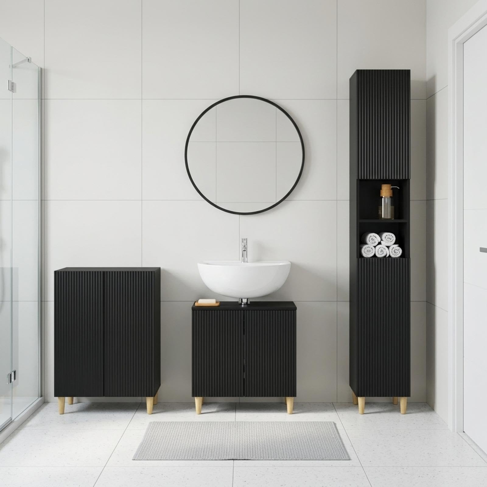 ARNHEM - Armario de baño de 3 piezas, color negro, con mucho espacio de almacenamiento, resistente a la humedad, diseño moderno, ahorra espacio para baños pequeños