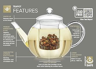 Teabloom Stovetop & Microwave Safe Glass Teapot (40 OZ) with Removable Loose Tea Glass Infuser – Includes 2 Blooming Teas – 2-in-1 Tea Kettle and Tea Maker