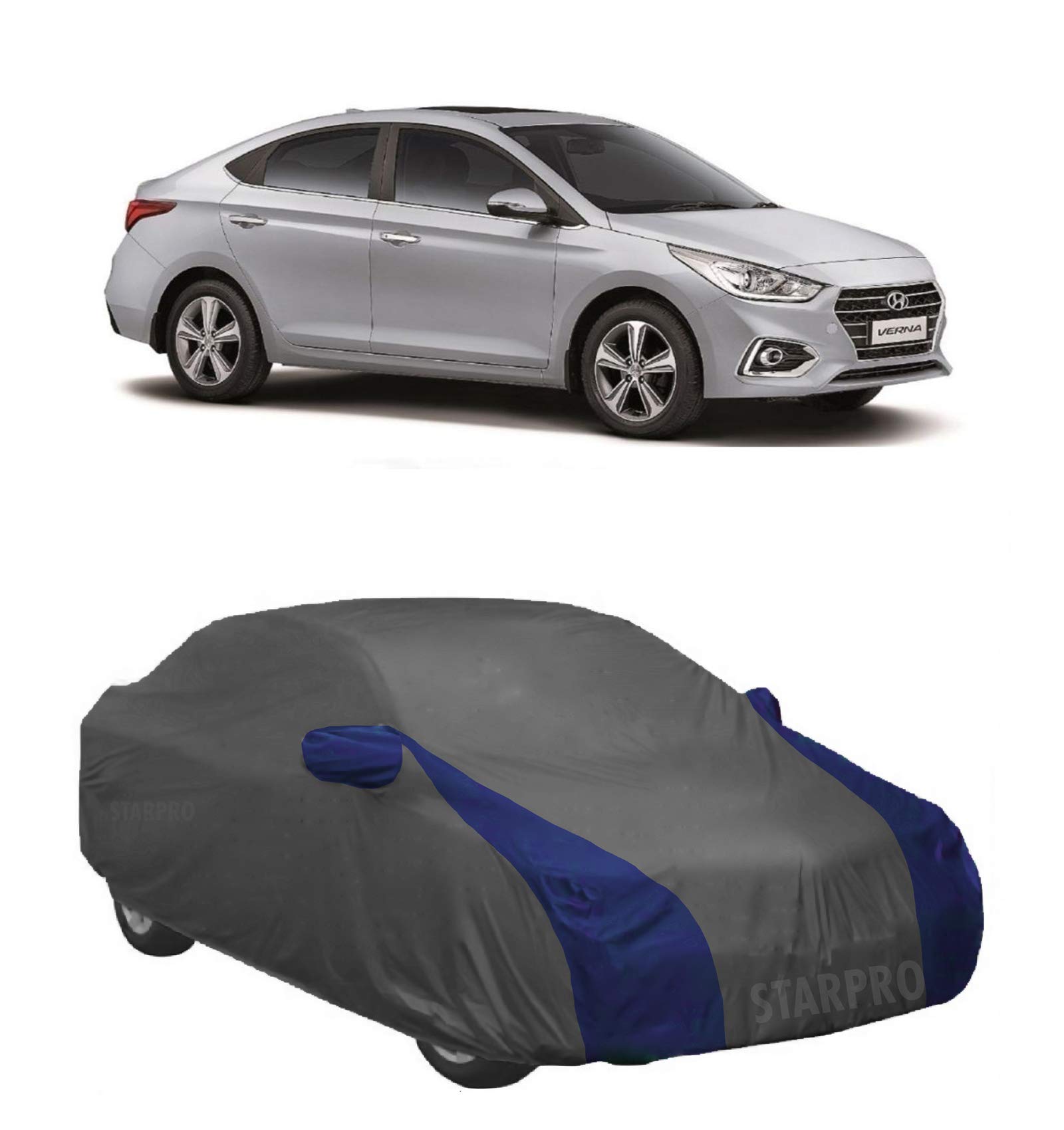 ABORDABLE UV Proof All Weather Car Cover Compatible with Hyundai Verna Transform Water Resistant Car Cover (Grey & Blue Design with Mirror)