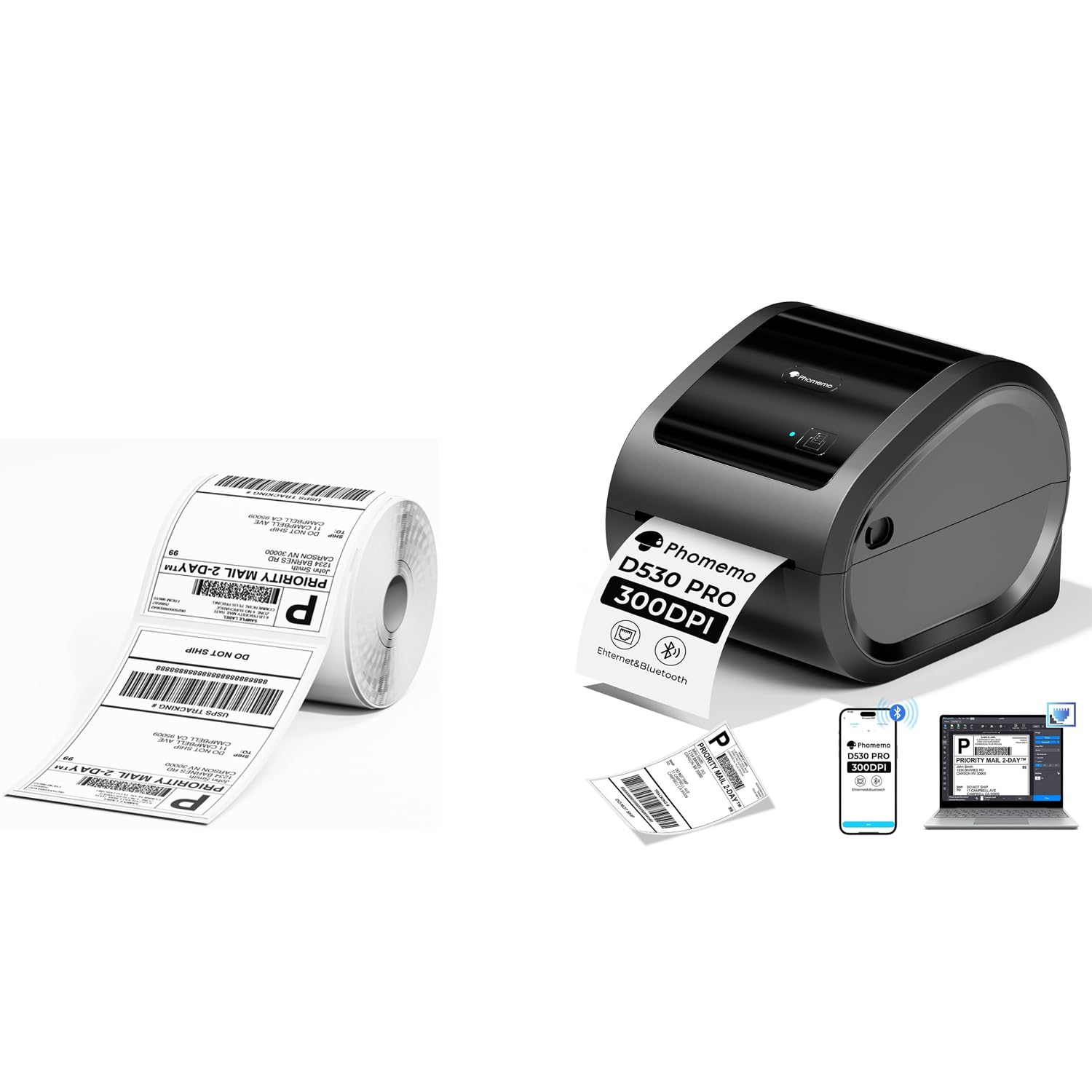 Phomemo D530pro Ethernet Stampante Etichette Spedizione & Etichette termiche 4 x 6(500 Etichette), Stampante Termica Etichette da 300dpi per imprese, Supporta Ethernet, Bluetooth e USB, Compatibile co