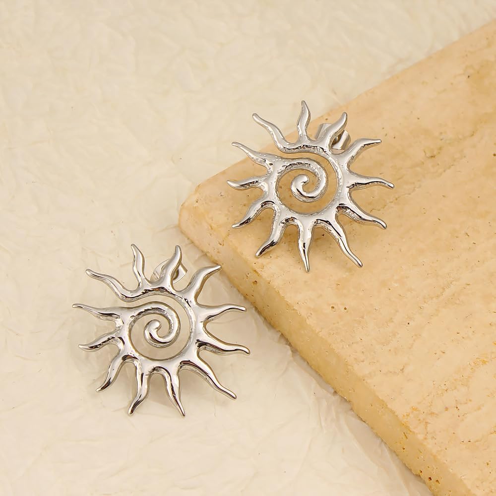 Dreuyet Golden Sun Stud Earrings for Women Punk Unique Chunky Spiral Sun Earrings Vintage Statement Sunburst Prom Party Accessories Jewelry Gifts - Image 2