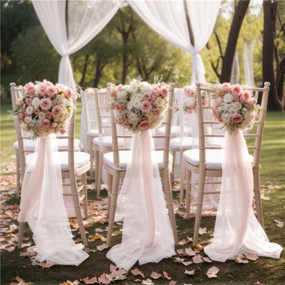 Organza Stuhl Band, 20 × 250cm Tüll Stuhlhussen Stuhl Tüll Stoff Stuhl Dekoband Chiffon Stuhlschärpen Schleifenband Gangschleifen für Hochzeit Party Zeremonie Deko Elfenbein 20 Stück