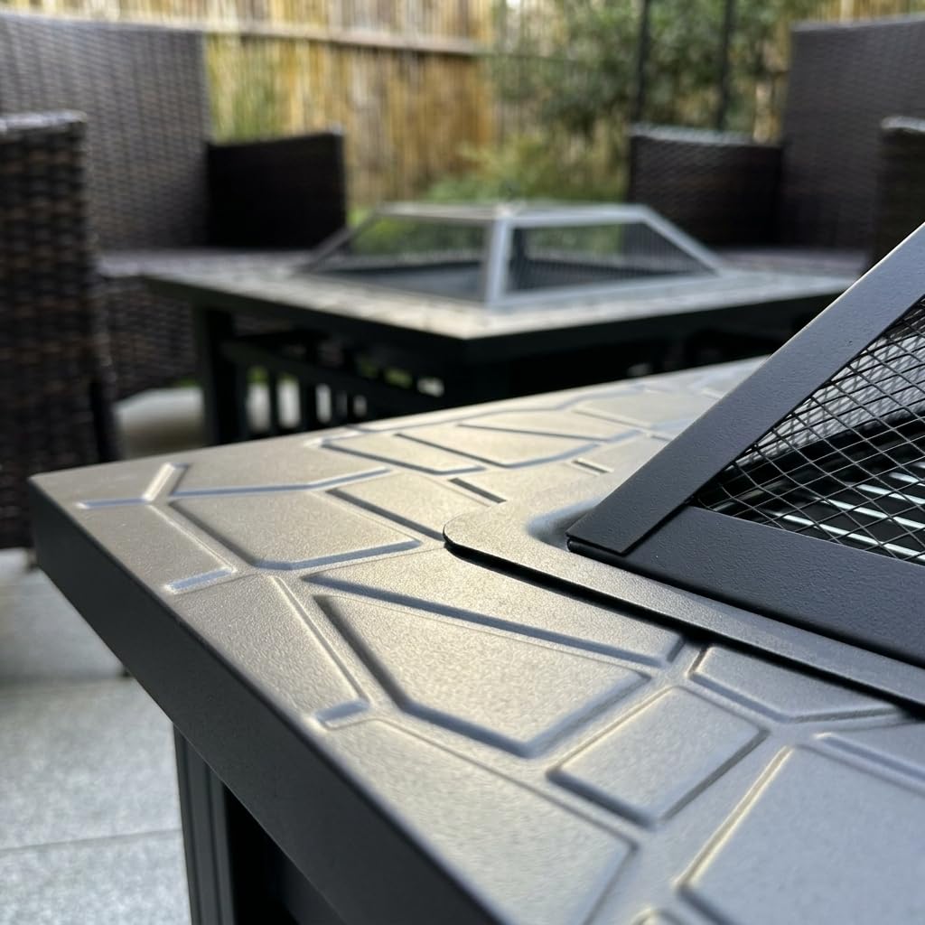 Brasero Exterior Cuadrado, Hierro Negro Resistente a la Oxidación, 81 cm para Jardín y Patio, Estándar con Cubierta Antipolvo