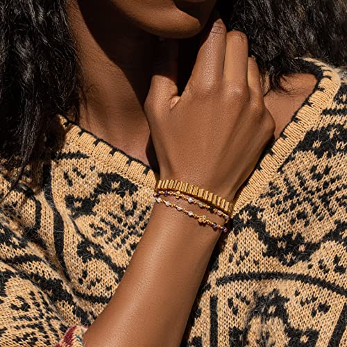 Karma And Luck - Tranquil Voice - Women's Genuine Amethyst Rose Quartz Tourmaline Gemstones Triple Protection Wrap Bracelet. 18K Gold Plated Brass Charms ( Evil Eye, Hamsa, And Om). Chain Length: 14.5". #TOP2