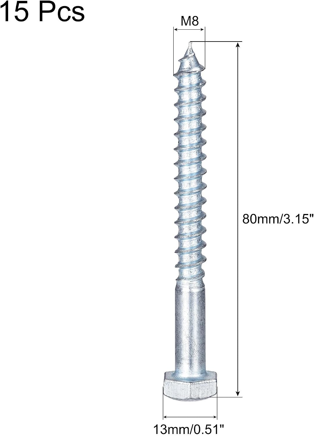 sourcing map Hex Lag Screws, M8 x 80mm Carbon Steel Zinc Plated Half Thread Self-Tapping Bolts for Wood Screw 15Pcs - Image 3